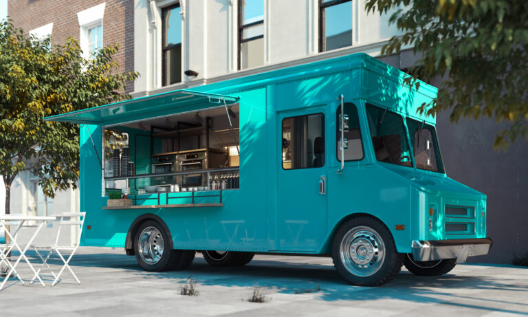 aquamarine food truck with detailed interior on street takeaway 3d rendering 